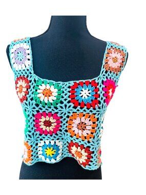 Handmade Boho Hippie 60s Crochet Granny Square Floral Patchwork Tank Women M